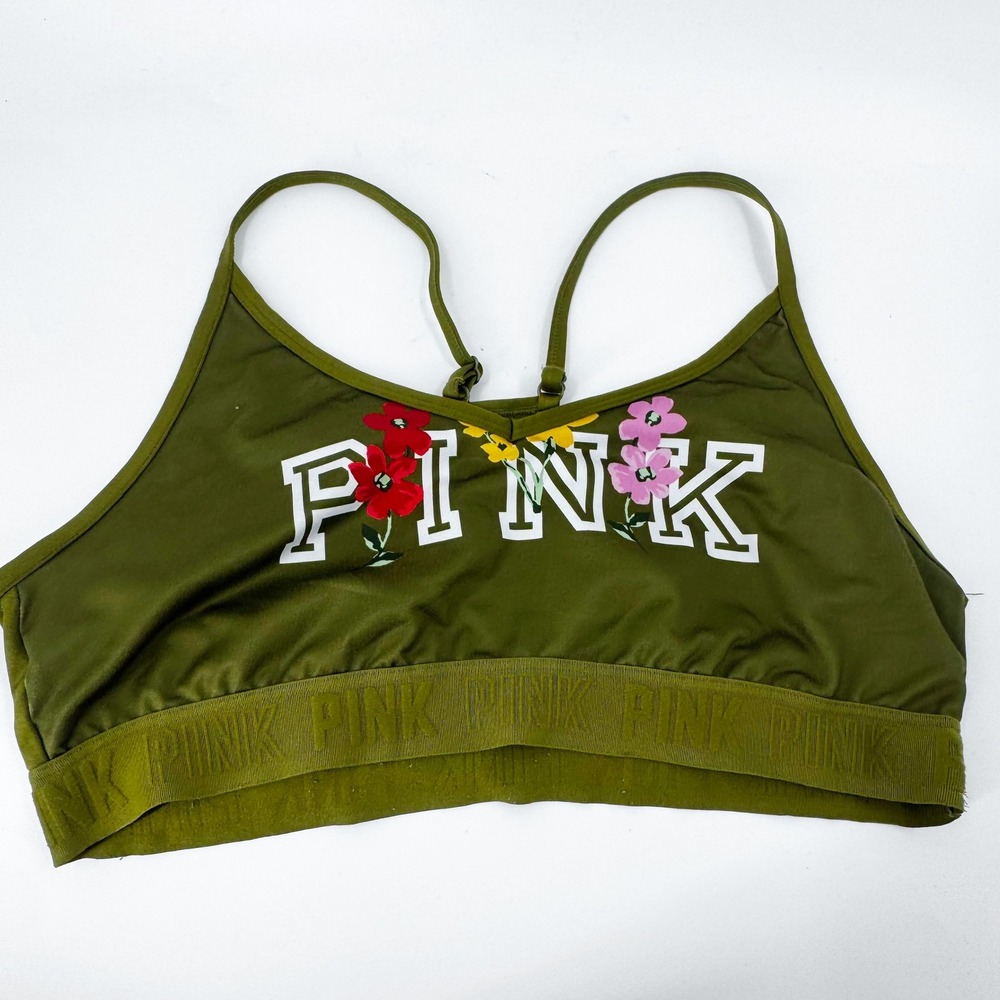 PINK by‎ Victoria's Secret Olive Green Floral Sports Bra Crop Top Size XL